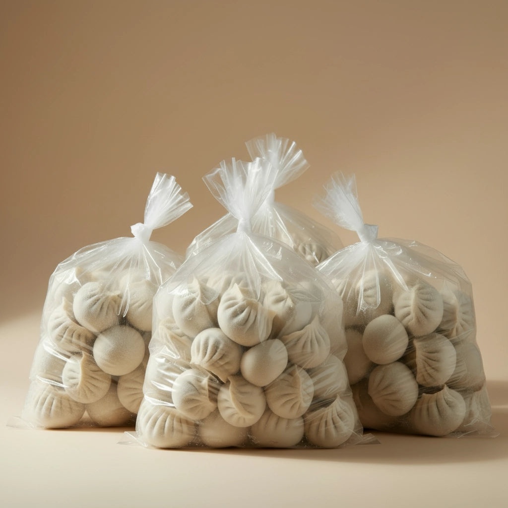 Three clear plastic bags filled with frozen dumplings on a beige background