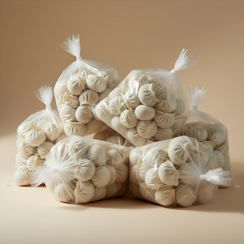Multiple bags of frozen dumplings on a beige background