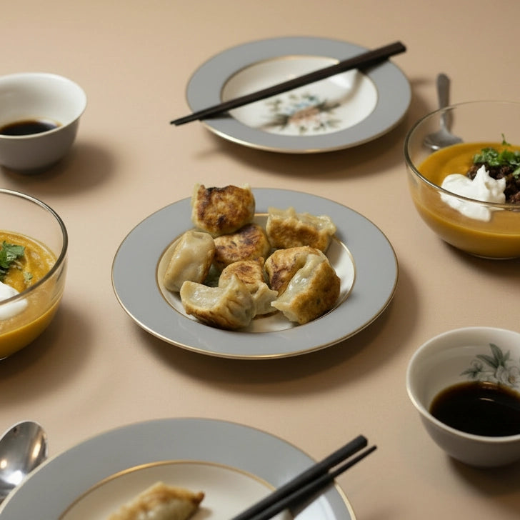 Dinner table with plates of dumplings, bowls of soup, and cups on a beige surface.