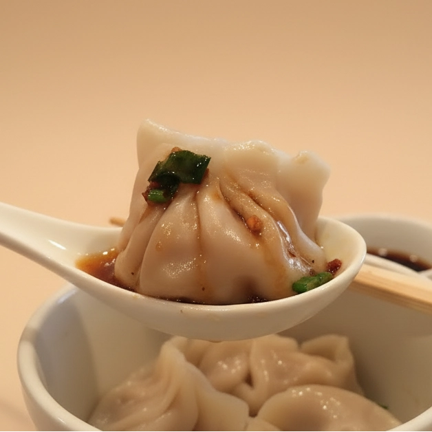 Dumplings on a spoon with a bowl of dumplings in the background