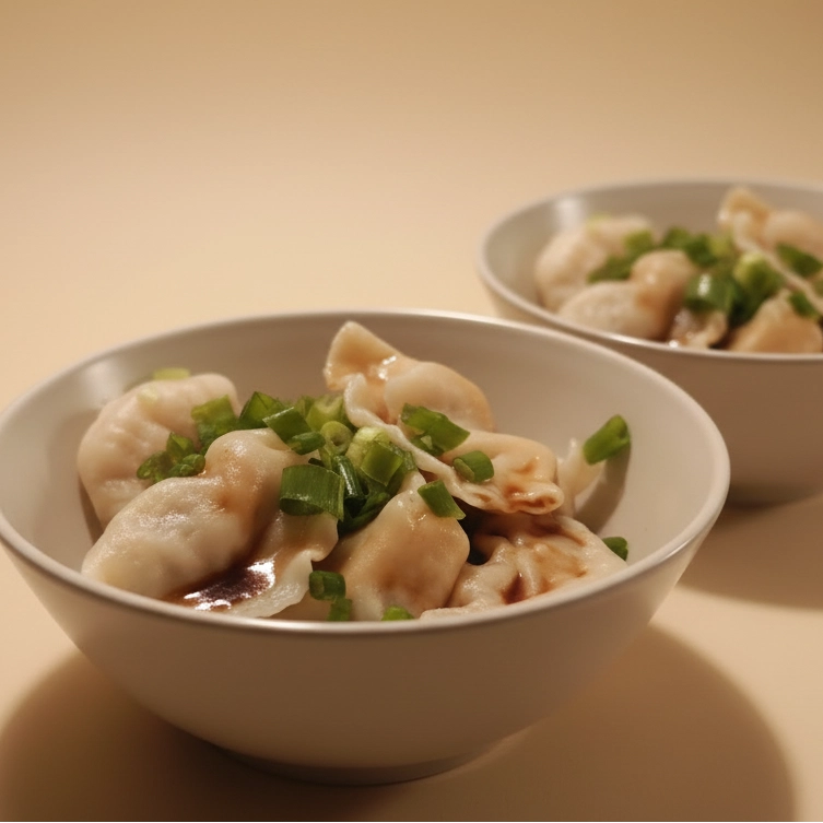 Bowl of dumplings with green onions on a beige background