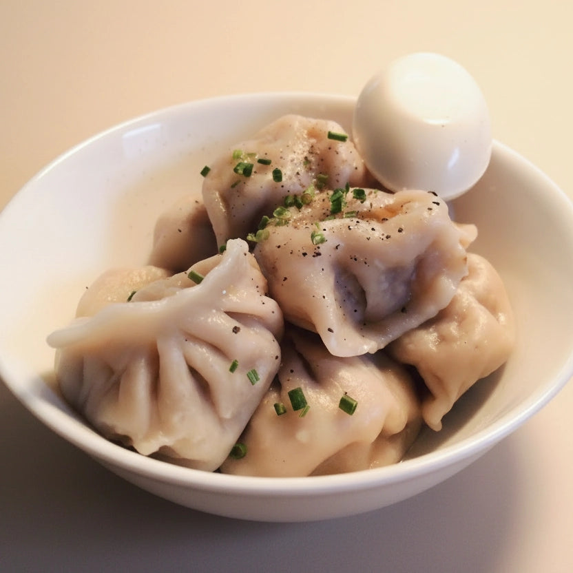 Bowl of dumplings in white bowl on a beige background