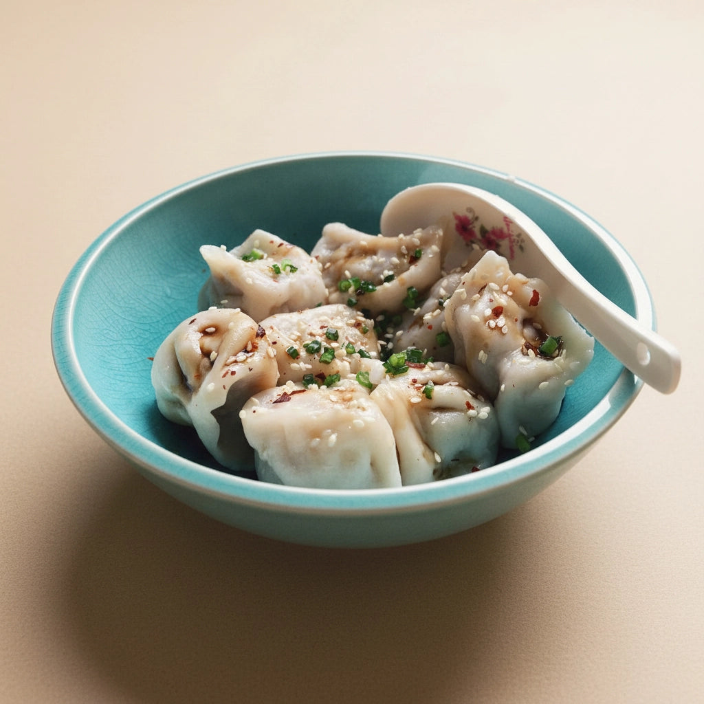 Blue bowl with dumplings and a spoon on a beige background