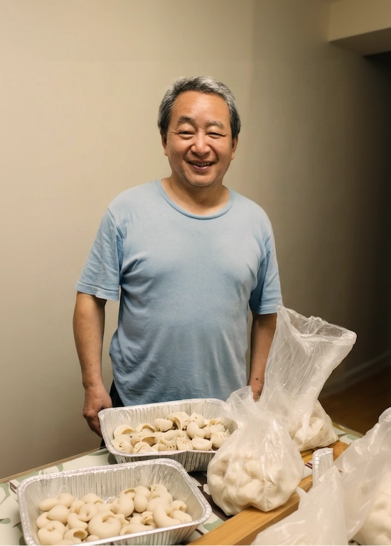Man standing behind a table with table of dumplings.
